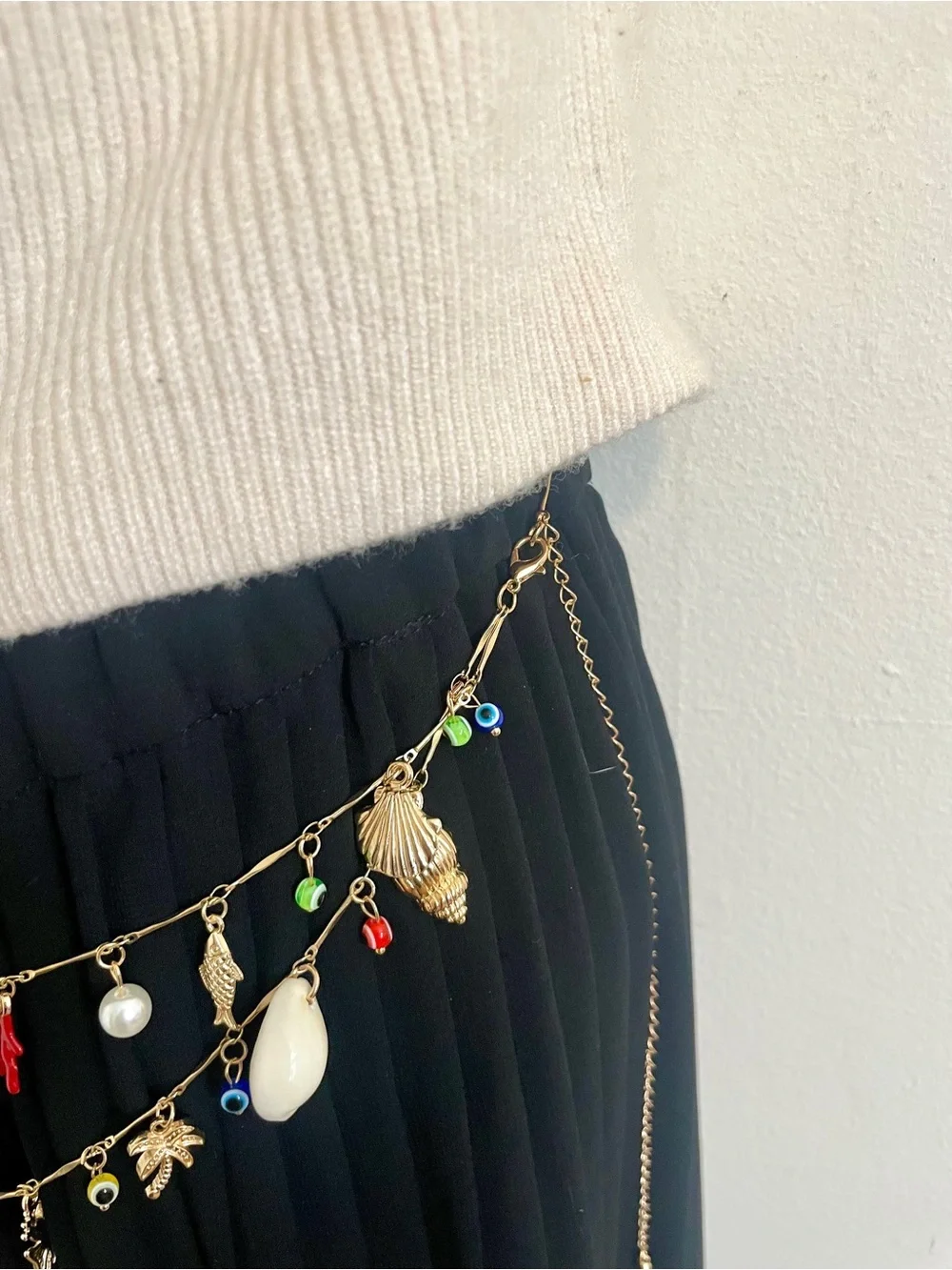 Boho Beachy Conch Seahorse Starfish Turtle Evil Eye Double Layered Waist Chain